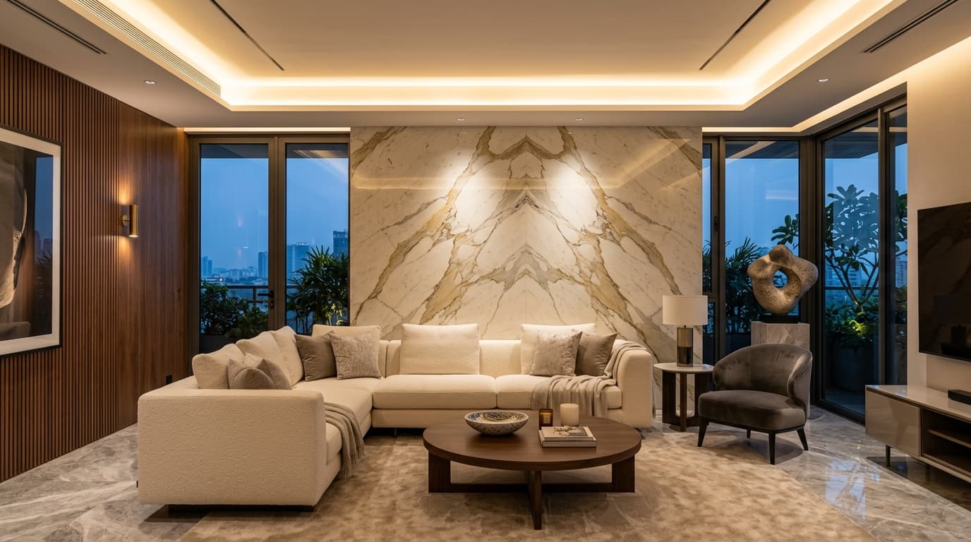 Large-format marble surface used in a premium contemporary interior